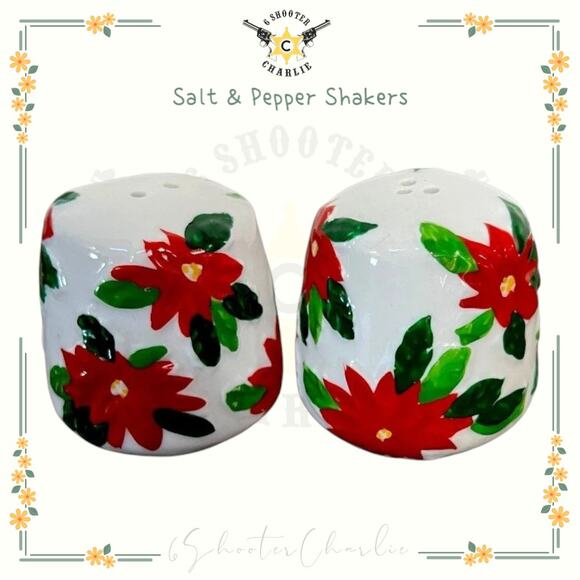 Vintage Ceramic Hand-Painted Poinsettia Salt and Pepper Shakers Glossy Finish - Picture 1 of 5